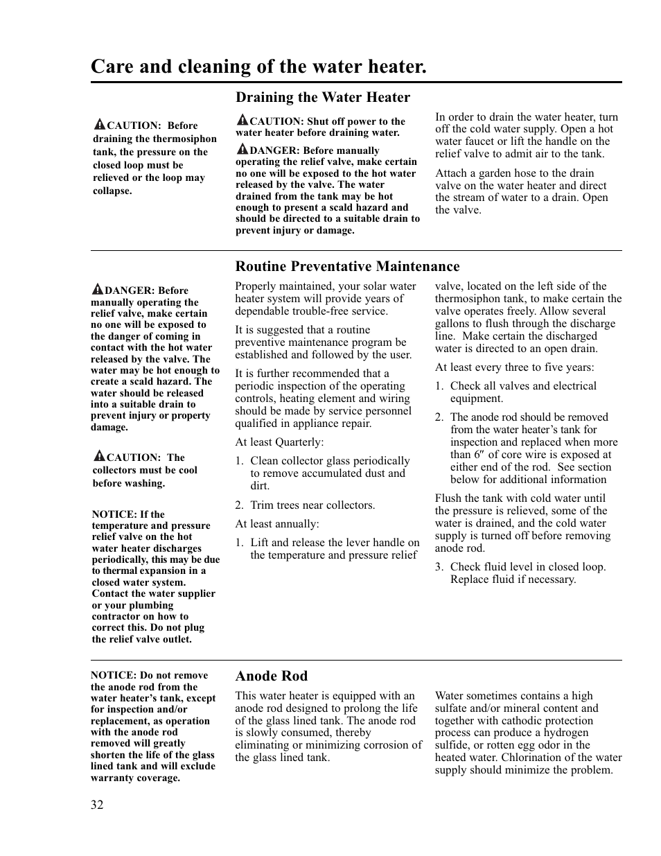 Care and cleaning of the water heater, Anode rod, Routine preventative maintenance | Draining the water heater | Rheem RS80-42BP User Manual | Page 32 / 40