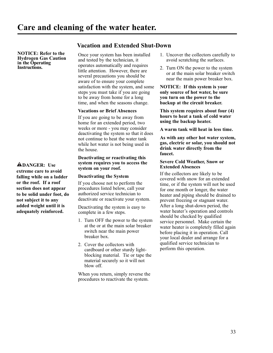 Care and cleaning of the water heater, Vacation and extended shut-down | Rheem RS80-42BP User Manual | Page 33 / 40