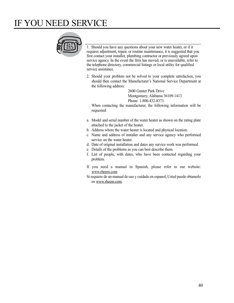 If you need service | Rheem RS80-42BP User Manual | Page 40 / 40