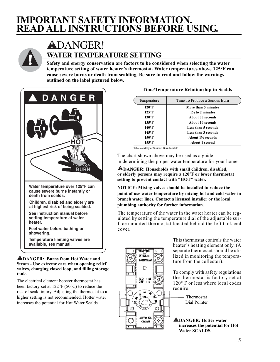 Danger, Water temperature setting, Time/temperature relationship in scalds | Burn | Rheem RS80-42BP User Manual | Page 5 / 40