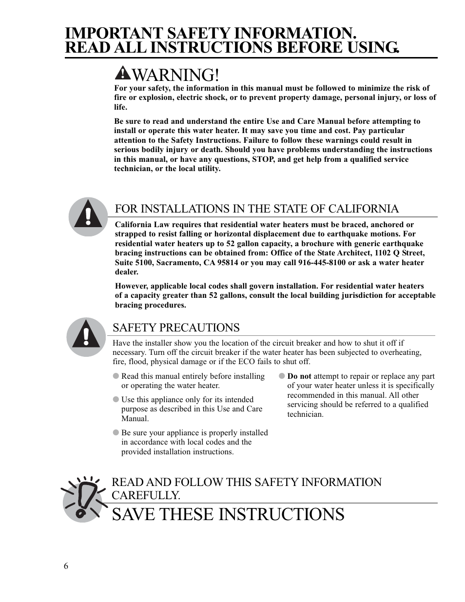 Warning, Save these instructions | Rheem RS80-42BP User Manual | Page 6 / 40