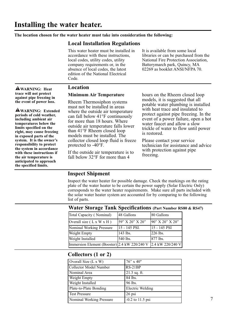 Installing the water heater, Local installation regulations, Location | Inspect shipment, Water storage tank specifications, Collectors (1 or 2) | Rheem RS80-42BP User Manual | Page 7 / 40