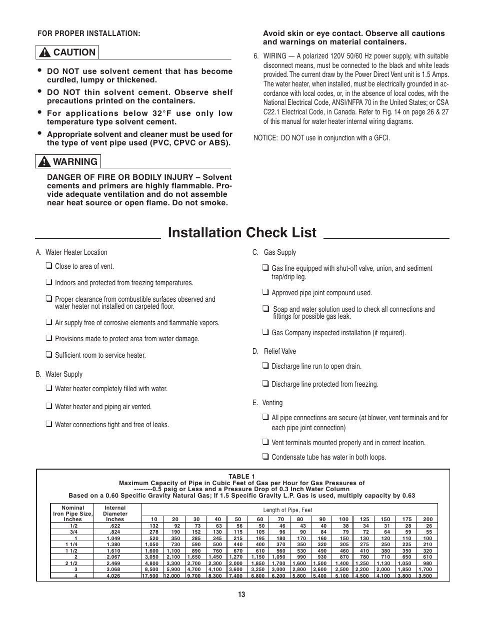 Installation check list, Caution ! warning | Rheem Commercial Power Direct Vent Water heater User Manual | Page 13 / 28