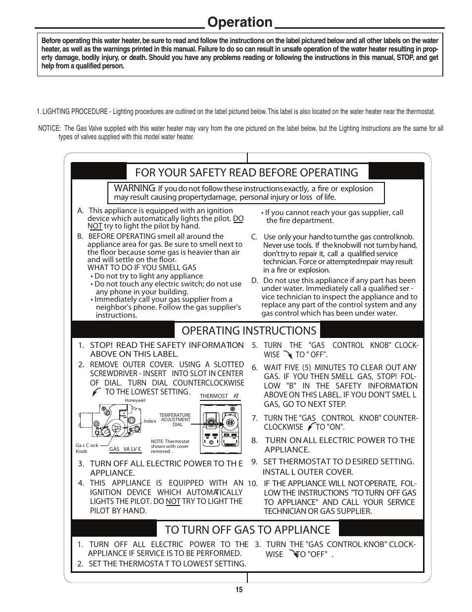 Operation, For your safety read before operating, Warning | Rheem Commercial Power Direct Vent Water heater User Manual | Page 15 / 28