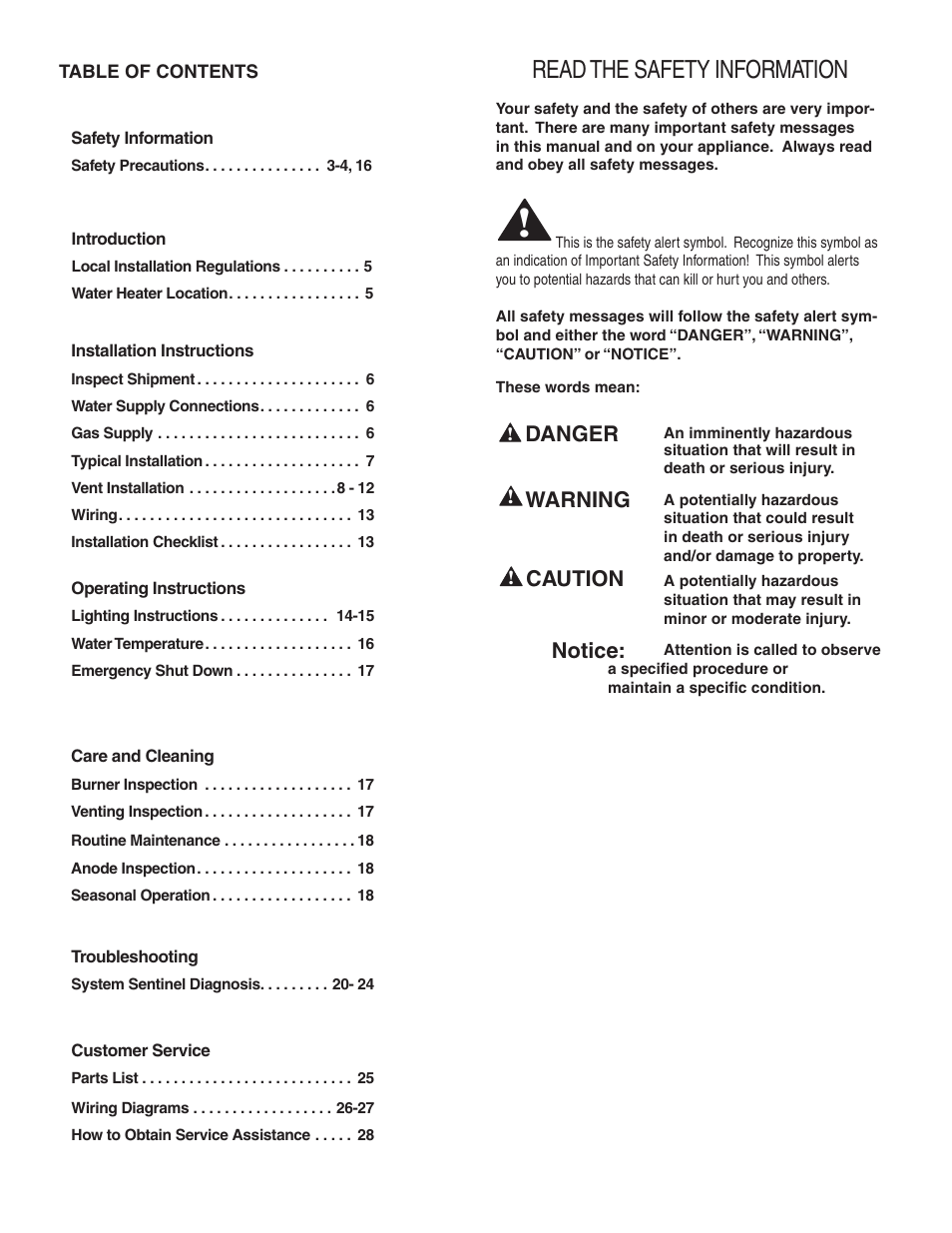 Read the safety information, Danger, Warning | Caution, Notice | Rheem Commercial Power Direct Vent Water heater User Manual | Page 2 / 28