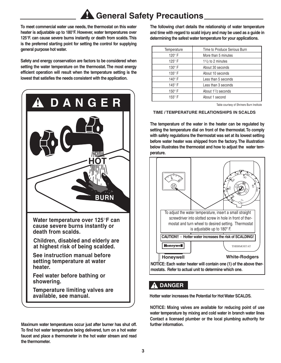 General safety precautions, Burn, Danger | Rheem Commercial Power Direct Vent Water heater User Manual | Page 3 / 28