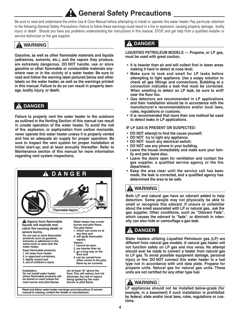 General safety precautions, Danger ! danger ! warning, Danger ! warning | Warning | Rheem Commercial Power Direct Vent Water heater User Manual | Page 4 / 28