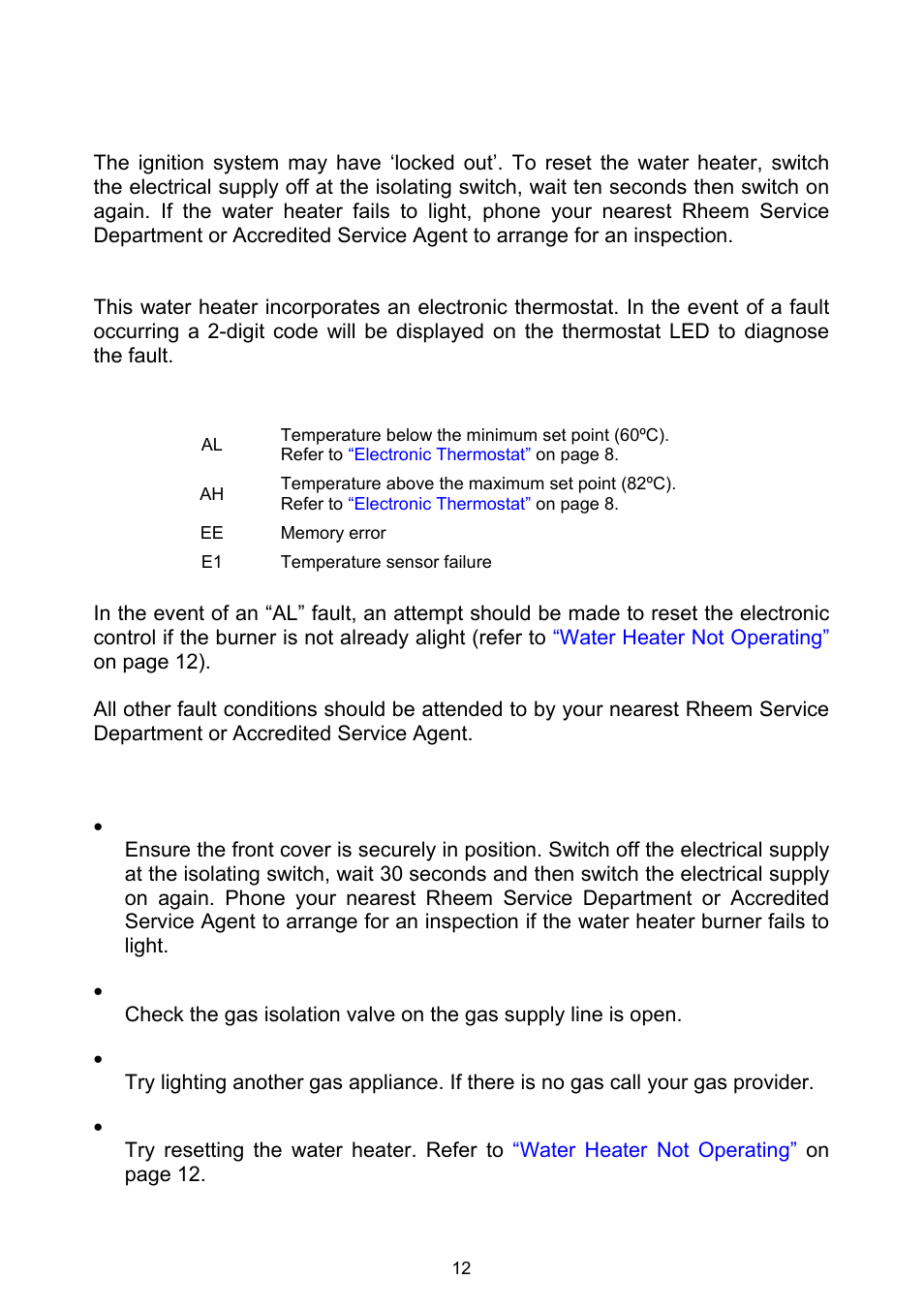 Water heater not operating, Diagnostic features of electronic thermostat, Before making a service call. you | Or fault that is not related to m, Save a service call | Rheem Gas Heavy Duty Water Heater Models 265 Litre and 275 Litre User Manual | Page 12 / 48