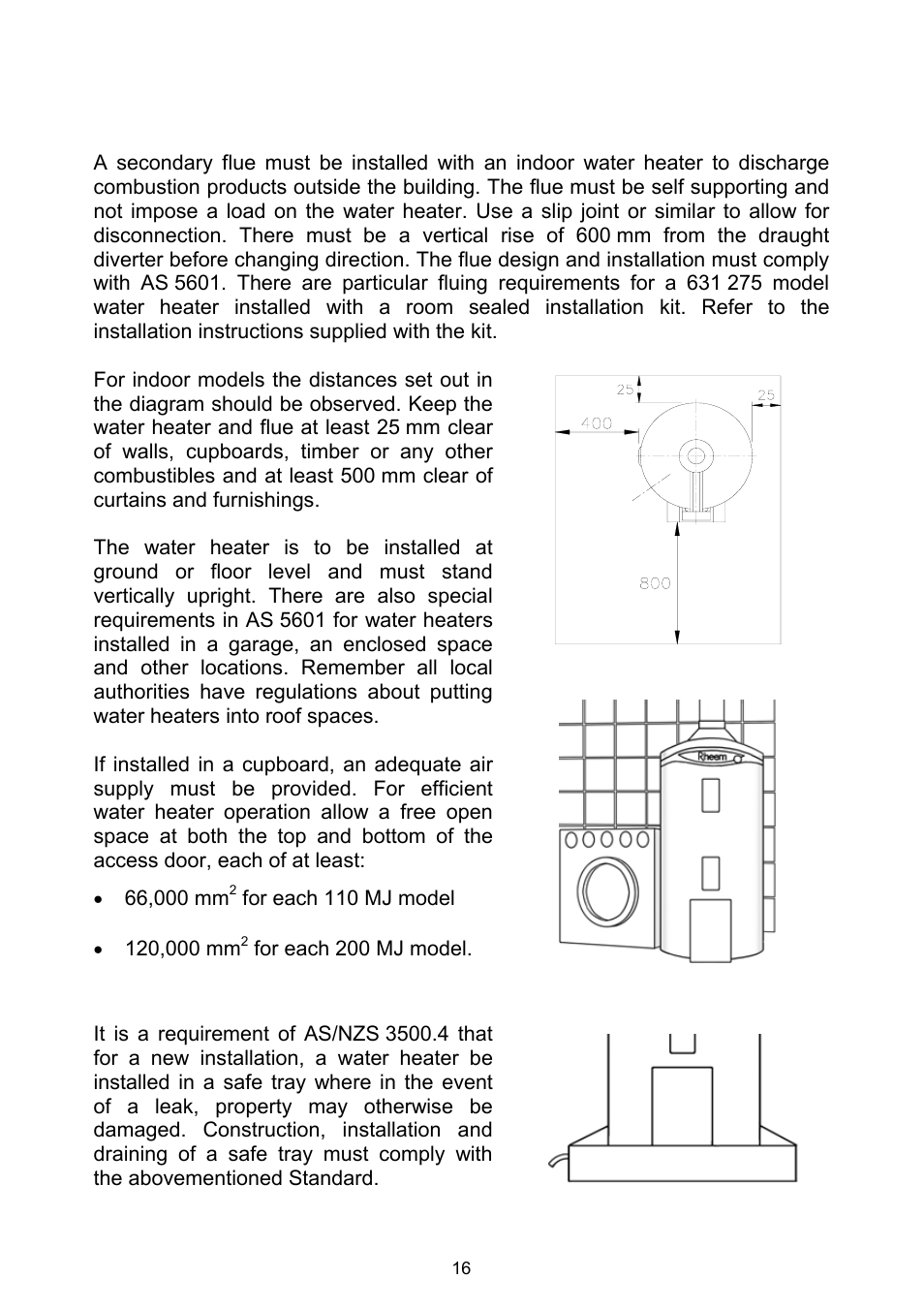 Indoor installation, Safe tray, Installation | Rheem Gas Heavy Duty Water Heater Models 265 Litre and 275 Litre User Manual | Page 16 / 48