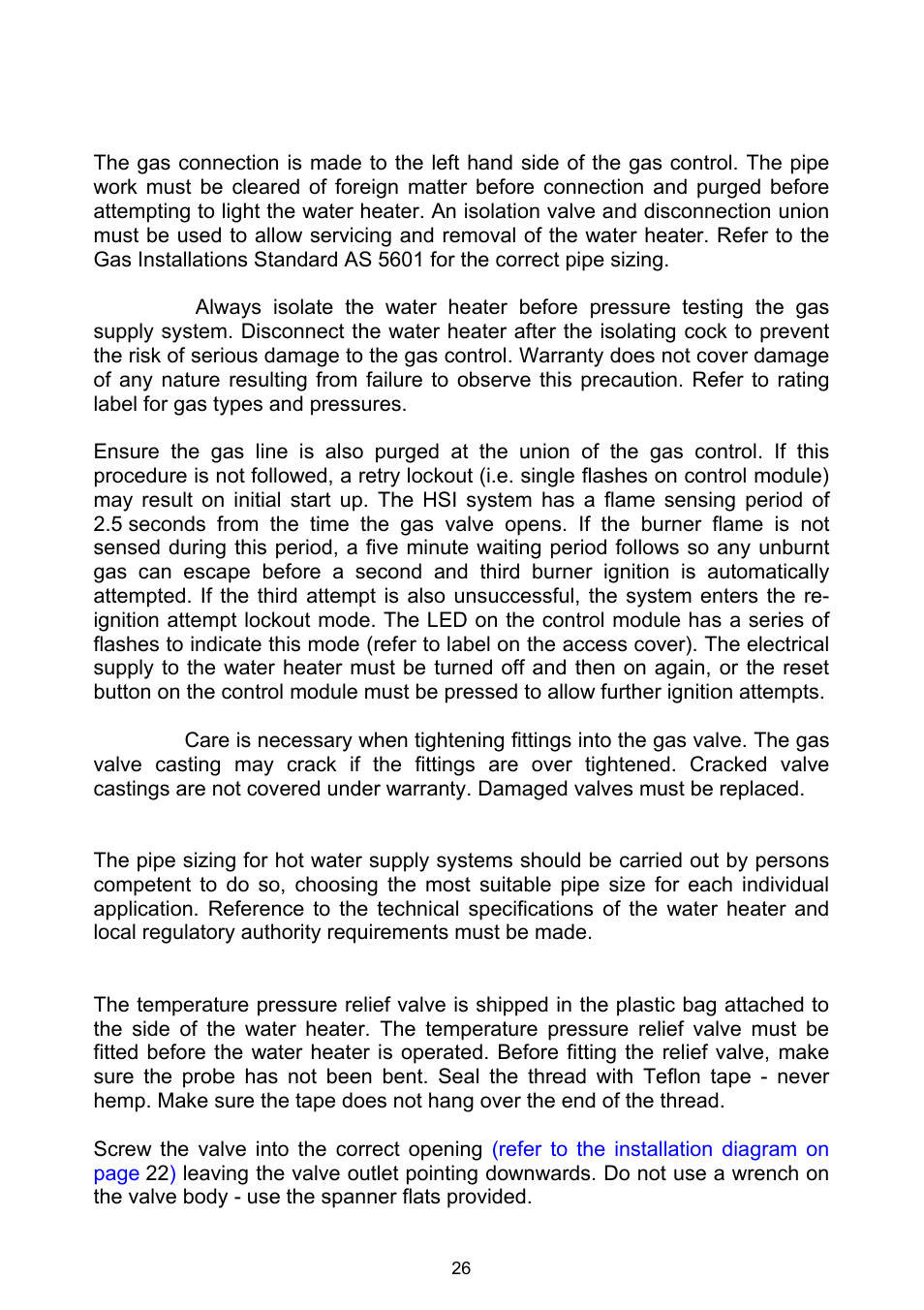 Gas inlet, Pipe sizes, Relief valve | Connections – plumbing | Rheem Gas Heavy Duty Water Heater Models 265 Litre and 275 Litre User Manual | Page 26 / 48