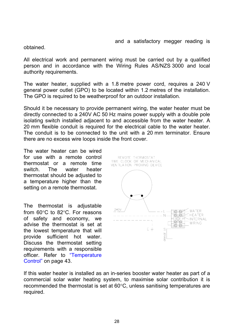 Connections – electrical, Thermostat setting | Rheem Gas Heavy Duty Water Heater Models 265 Litre and 275 Litre User Manual | Page 28 / 48