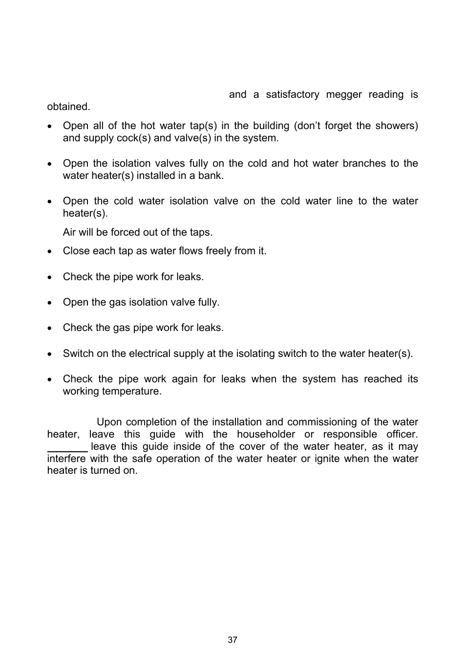 Commissioning, To fill and turn on the water heater | Rheem Gas Heavy Duty Water Heater Models 265 Litre and 275 Litre User Manual | Page 37 / 48