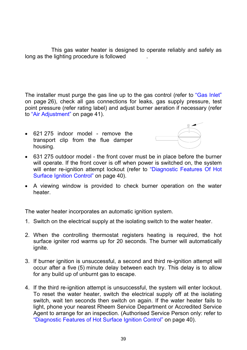 Lighting the water heater, Lighting procedure | Rheem Gas Heavy Duty Water Heater Models 265 Litre and 275 Litre User Manual | Page 39 / 48