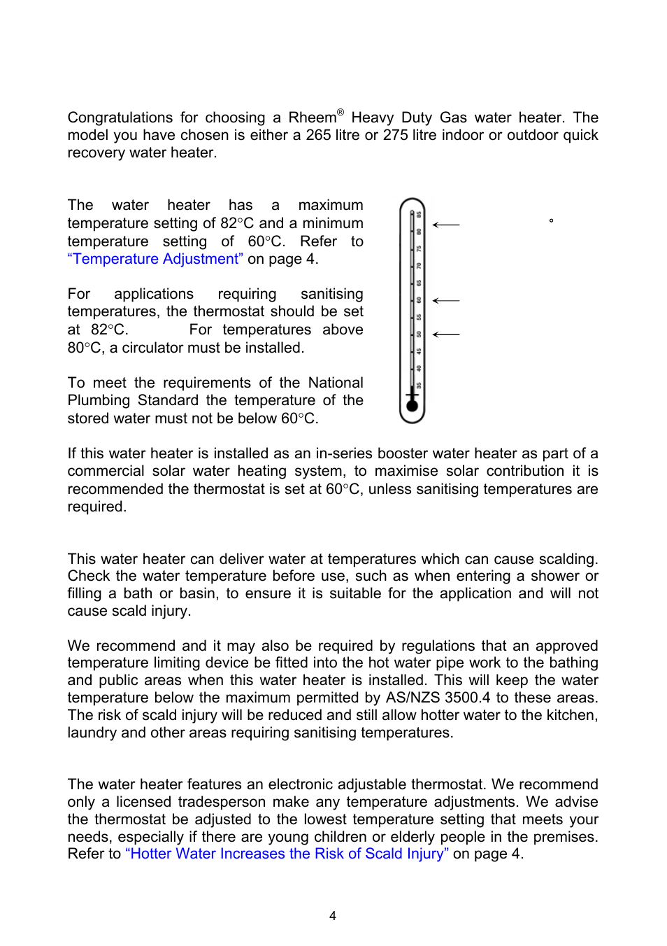 About your water heater, Model type, How hot should the water be | Hotter water increases the risk of scald injury, Temperature adjustment | Rheem Gas Heavy Duty Water Heater Models 265 Litre and 275 Litre User Manual | Page 4 / 48