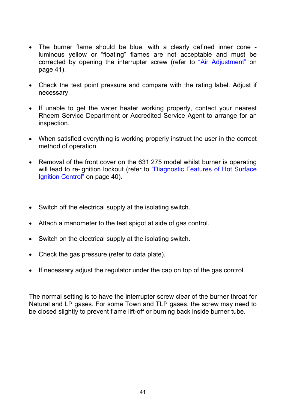 Burner pressure adjustment, Air adjustment, Lighting the water heater | Rheem Gas Heavy Duty Water Heater Models 265 Litre and 275 Litre User Manual | Page 41 / 48