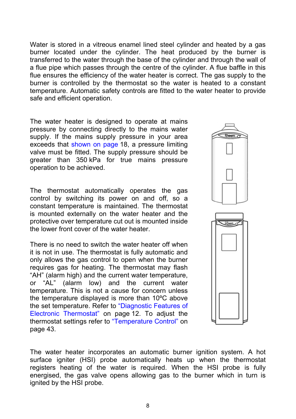 How your water heater works, Mains pressure, Electronic thermostat | Hot surface ignition | Rheem Gas Heavy Duty Water Heater Models 265 Litre and 275 Litre User Manual | Page 8 / 48