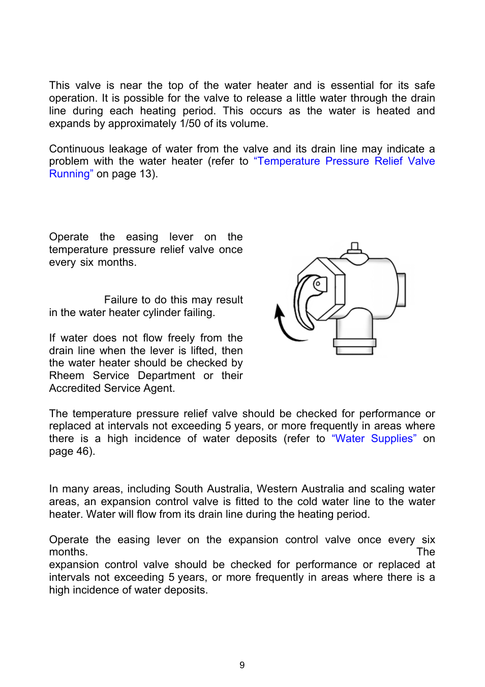 Regular care, Temperature pressure relief valve, Expansion control valve | Rheem Gas Heavy Duty Water Heater Models 265 Litre and 275 Litre User Manual | Page 9 / 48