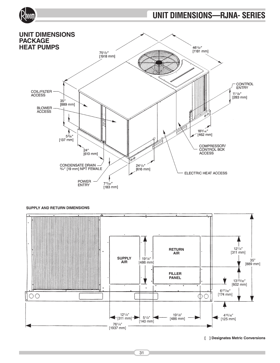 Unit dimensions—rjna- series, Unit dimensions package heat pumps | Rheem RJNA Series User Manual | Page 31 / 50