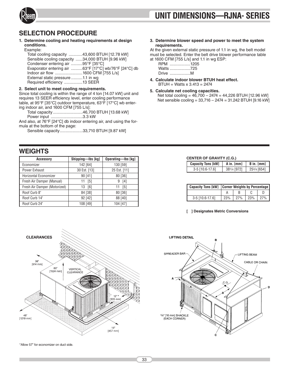 Unit dimensions—rjna- series, Selection procedure, Weights | Rheem RJNA Series User Manual | Page 33 / 50