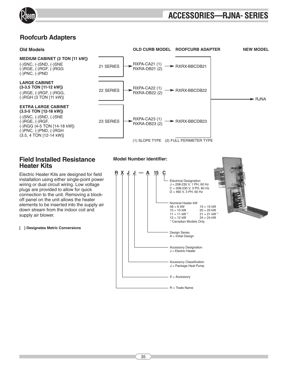Accessories—rjna- series, Roofcurb adapters, Field installed resistance heater kits | Rheem RJNA Series User Manual | Page 35 / 50