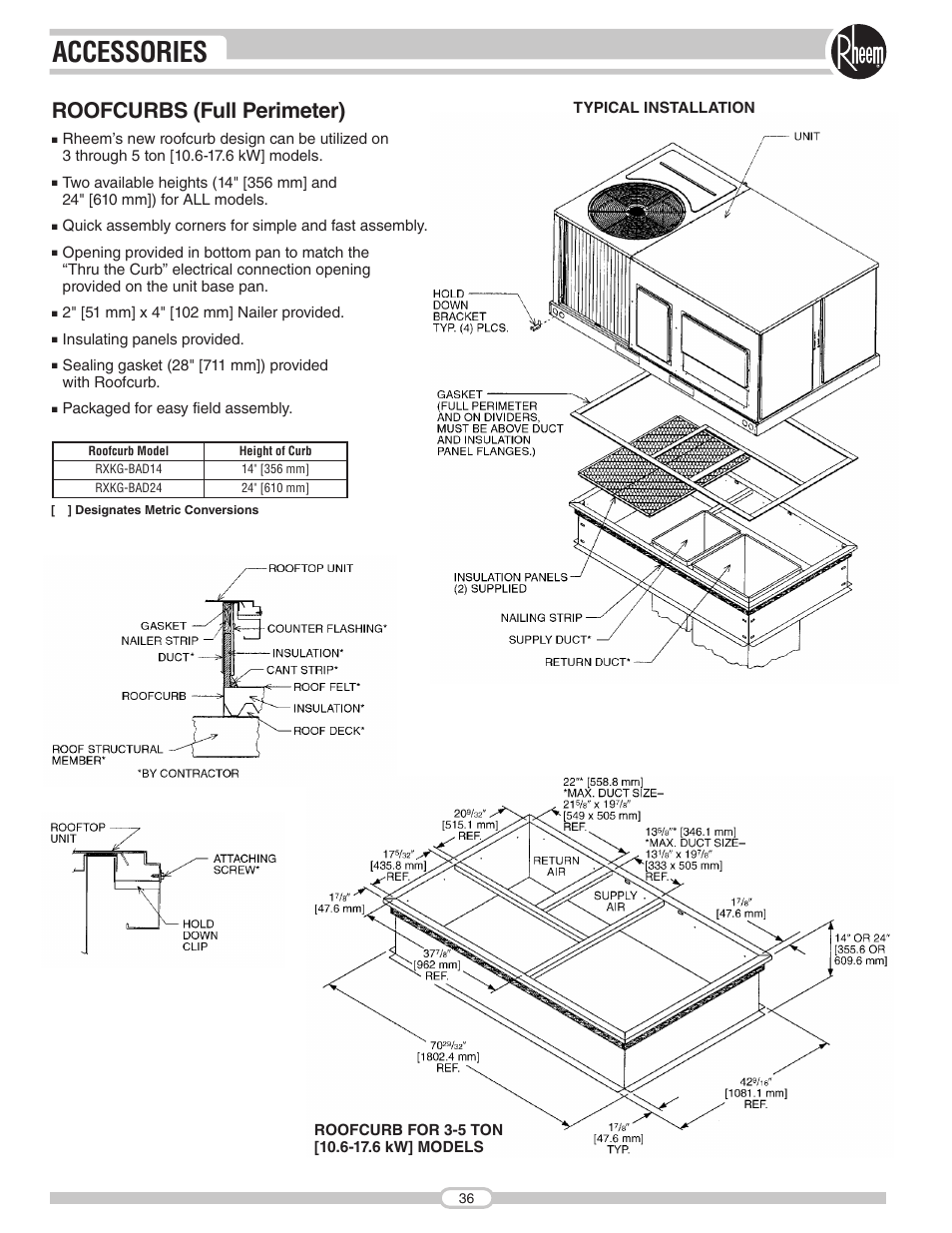 Accessories, Roofcurbs (full perimeter) | Rheem RJNA Series User Manual | Page 36 / 50