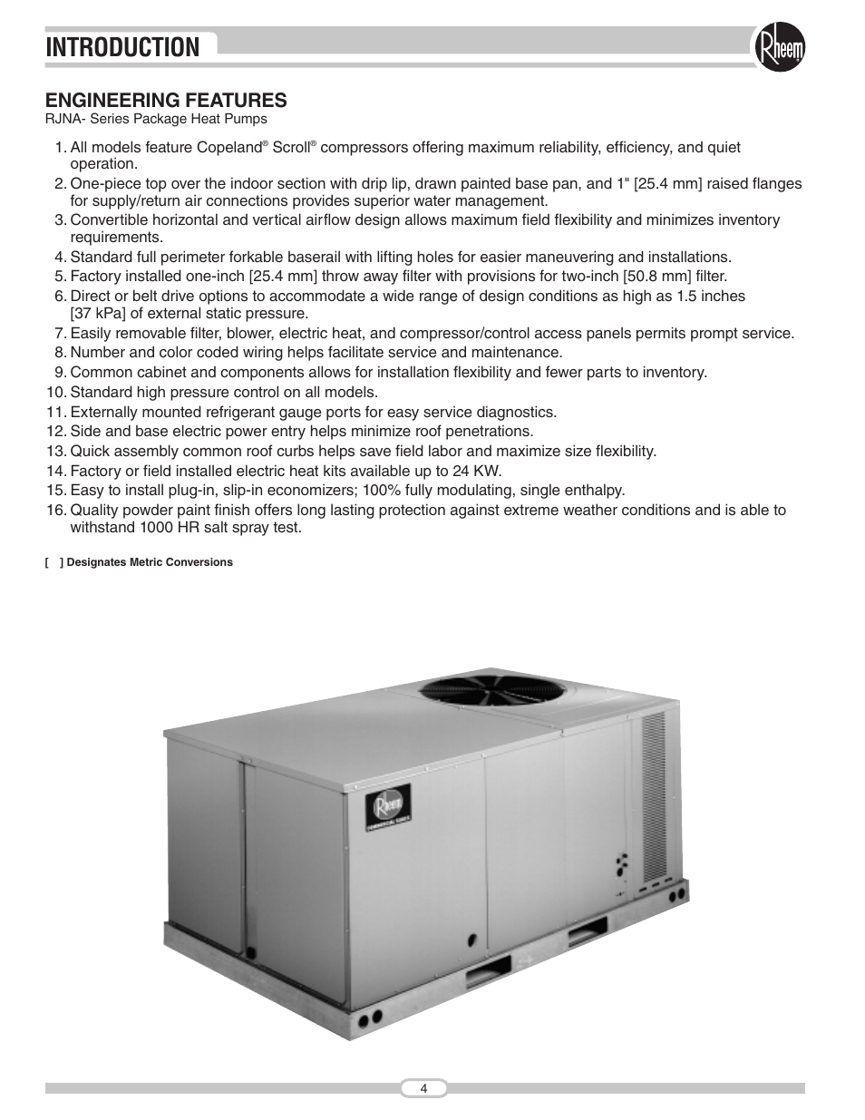 Introduction, Engineering features | Rheem RJNA Series User Manual | Page 4 / 50