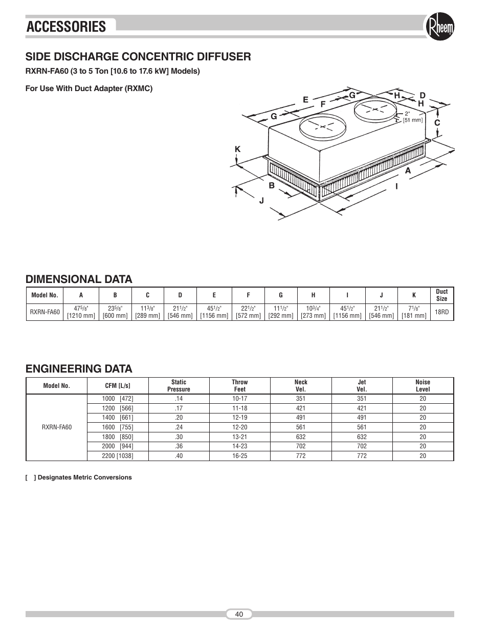 Accessories, Side discharge concentric diffuser, Dimensional data engineering data | Rheem RJNA Series User Manual | Page 40 / 50