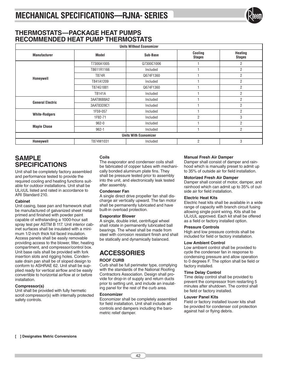 Mechanical specifications—rjna- series, Sample specifications, Accessories | Rheem RJNA Series User Manual | Page 42 / 50