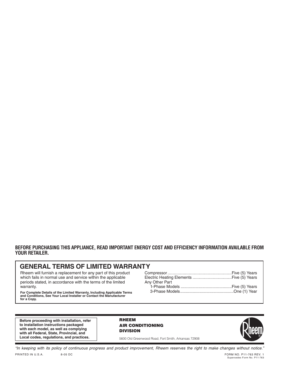 General terms of limited warranty | Rheem RJNA Series User Manual | Page 50 / 50