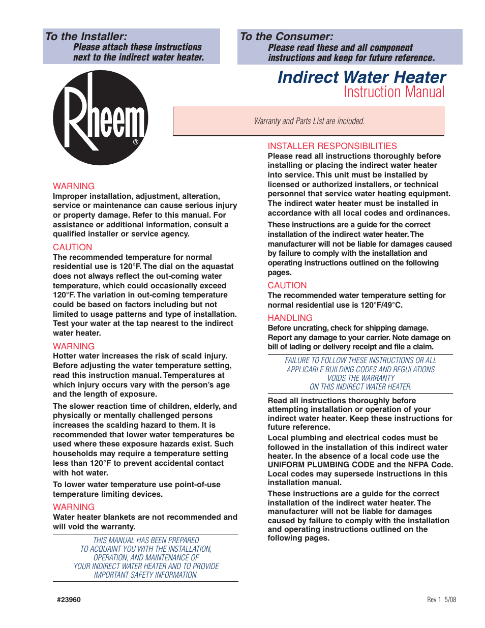 Rheem Indirect Water Heater User Manual | 16 pages