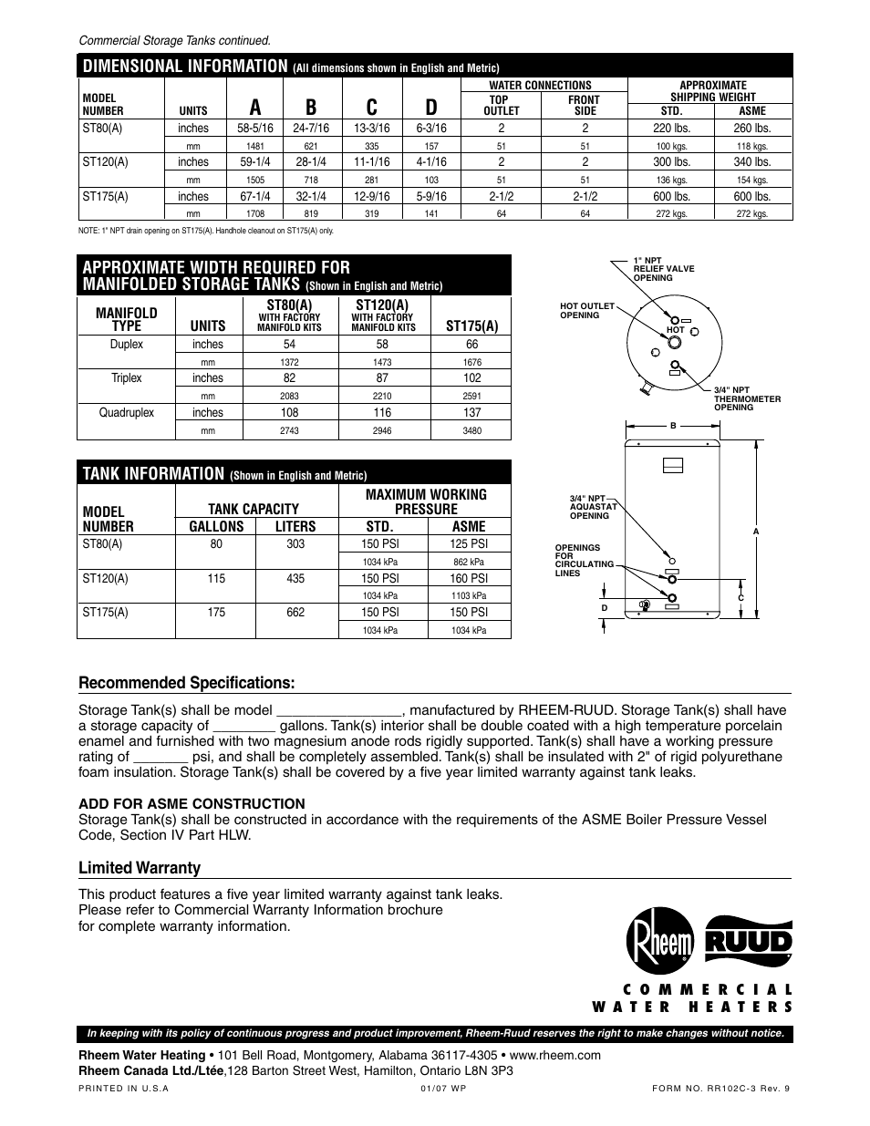 Ab c d, Limited warranty, Recommended specifications | Dimensional information, Tank information | Rheem 115 User Manual | Page 2 / 2