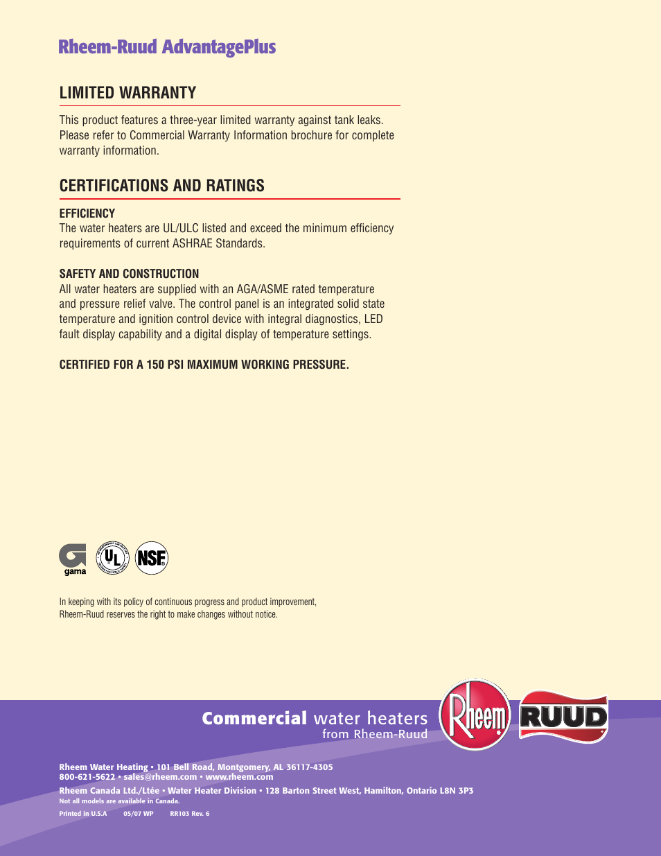 Rheem-ruud advantageplus, Commercial water heaters, Limited warranty | Certifications and ratings | Rheem Advantage Plus User Manual | Page 4 / 4