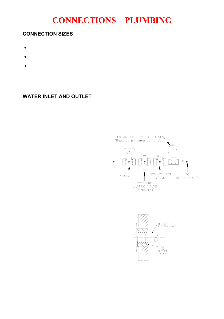 Connections – plumbing, Connection sizes, Water inlet and outlet | In the installation diagram | Rheem Electric Domestic Water Heater User Manual | Page 23 / 36