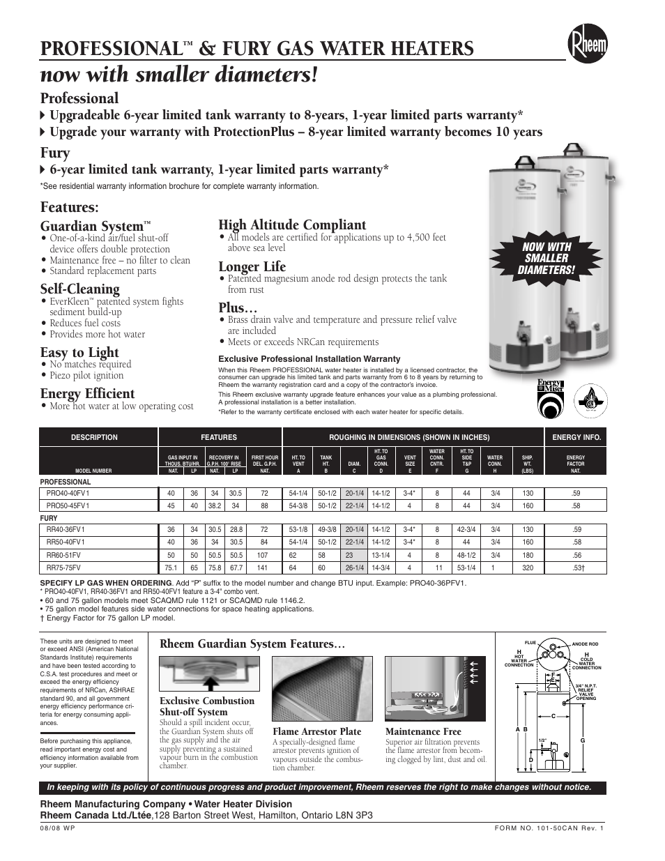 Professional, Fury gas water heaters, Fury | Features, Guardian system, Self-cleaning, Easy to light, Energy efficient, High altitude compliant, Longer life | Rheem Fury 50 User Manual | Page 2 / 2