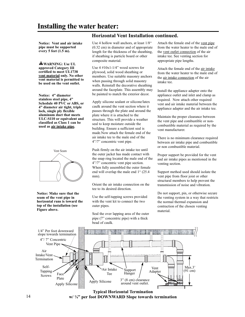 Installing the water heater, Horizontal vent installation continued | Rheem AP13945-2 User Manual | Page 14 / 36