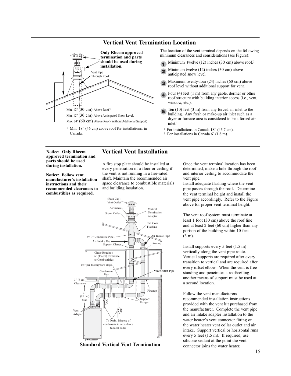 Vertical vent installation, Vertical vent termination location, Standard vertical vent termination | Rheem AP13945-2 User Manual | Page 15 / 36
