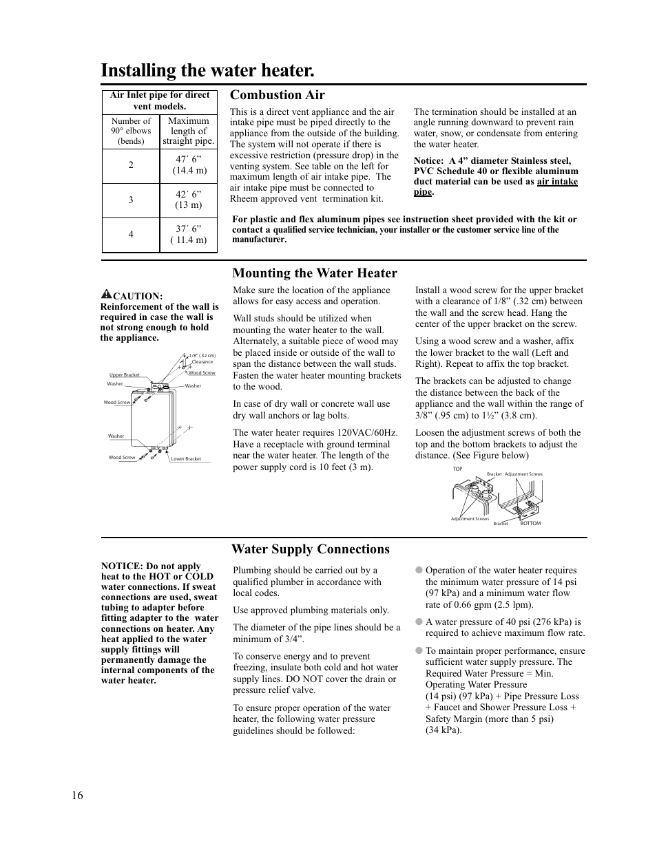 Installing the water heater, Mounting the water heater, Water supply connections | Combustion air | Rheem AP13945-2 User Manual | Page 16 / 36