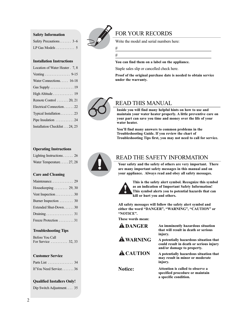 Read this manual for your records, Read the safety information, Danger | Warning, Caution, Notice | Rheem AP13945-2 User Manual | Page 2 / 36