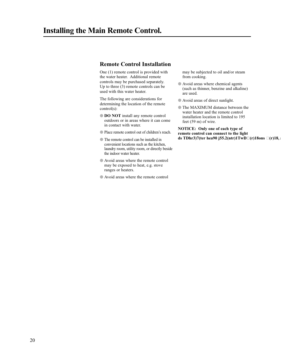 Installing the main remote control, Remote control installation | Rheem AP13945-2 User Manual | Page 20 / 36