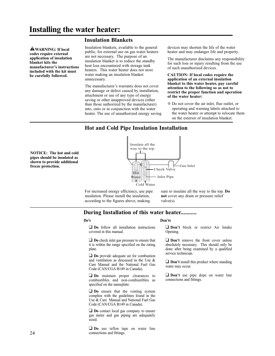 Installing the water heater, Insulation blankets | Rheem AP13945-2 User Manual | Page 24 / 36