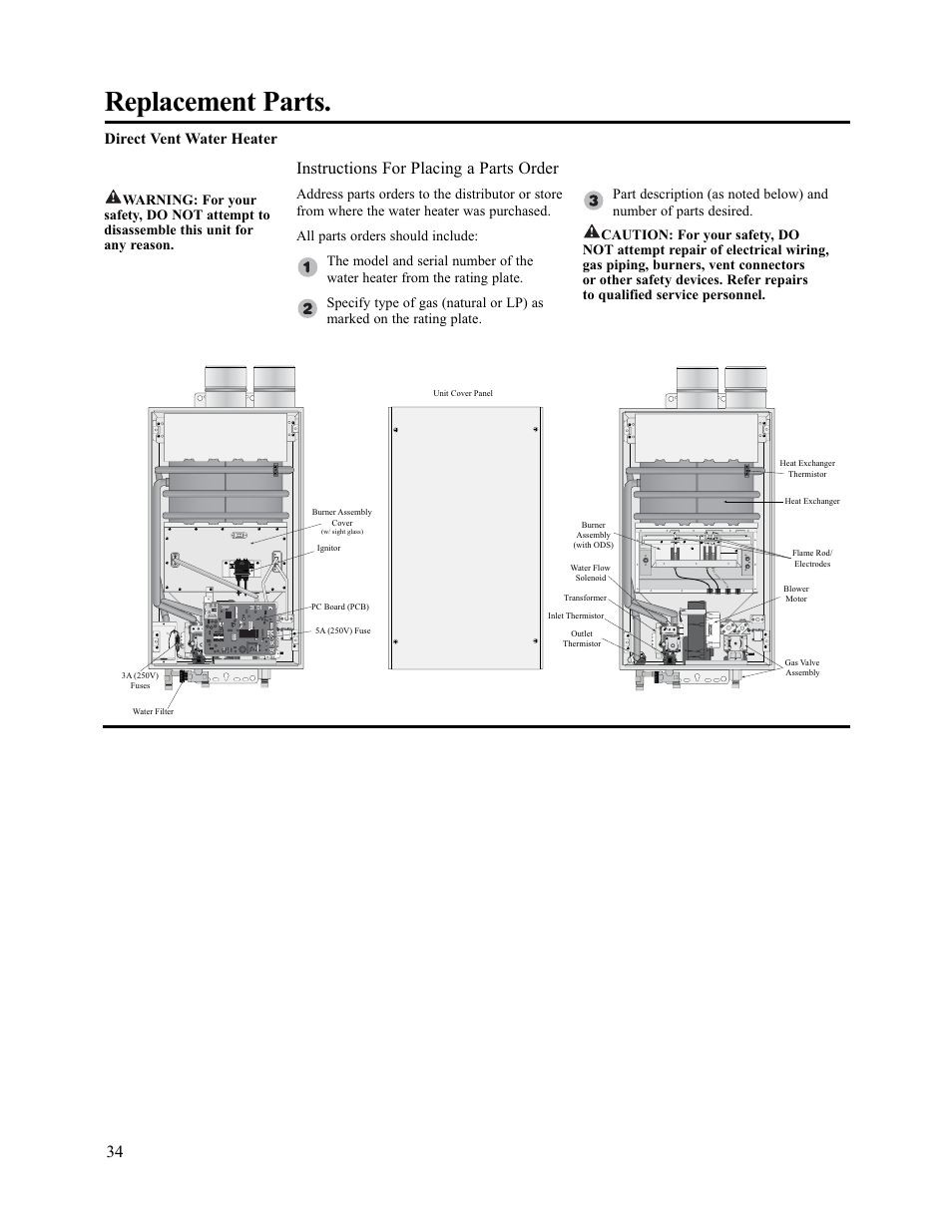 Replacement parts, Instructions for placing a parts order, Direct vent water heater | Rheem AP13945-2 User Manual | Page 34 / 36