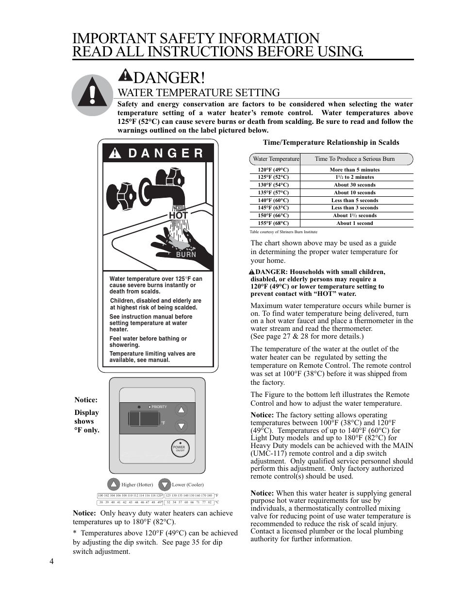 Danger, Water temperature setting | Rheem AP13945-2 User Manual | Page 4 / 36