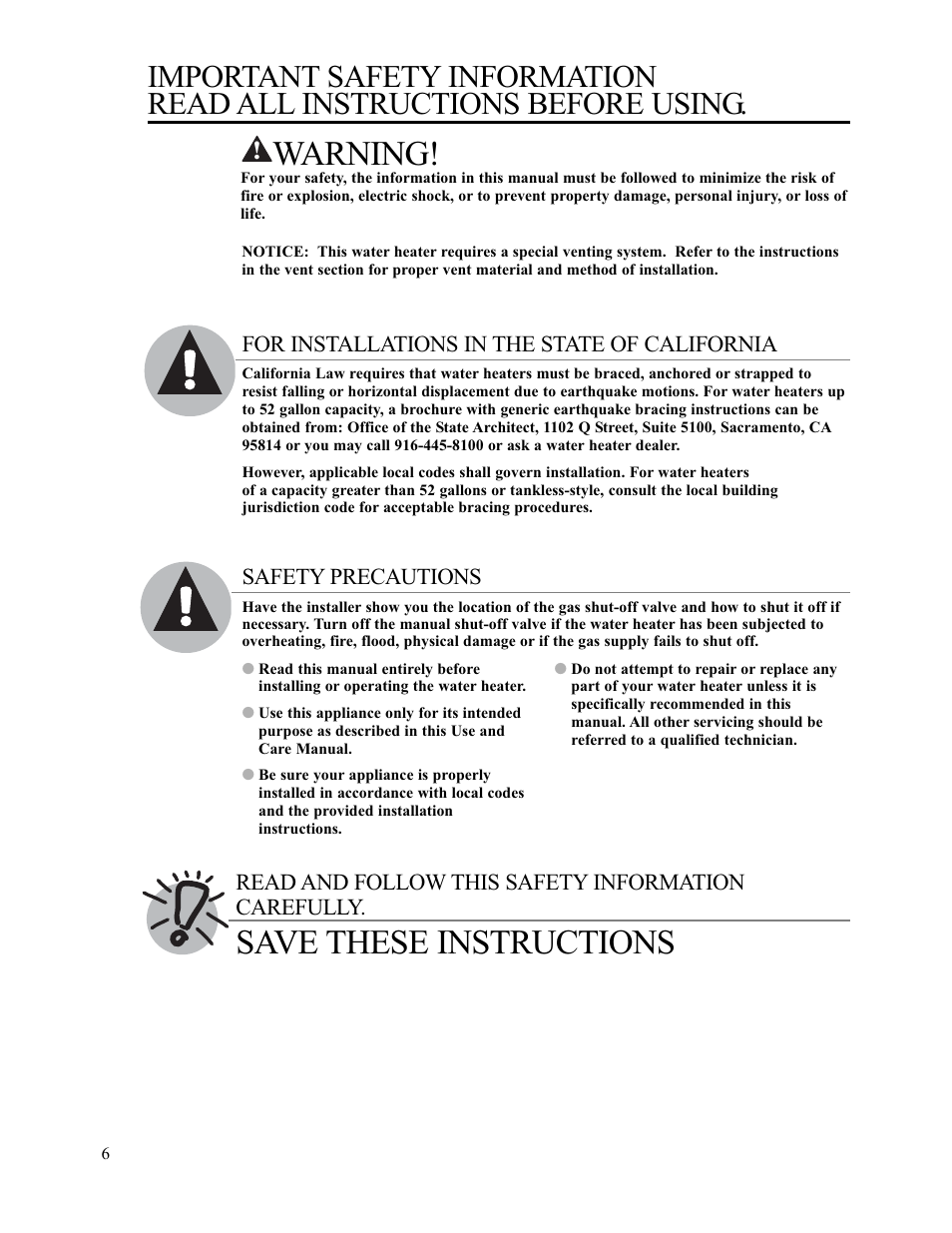 Warning, Save these instructions | Rheem AP13945-2 User Manual | Page 6 / 36