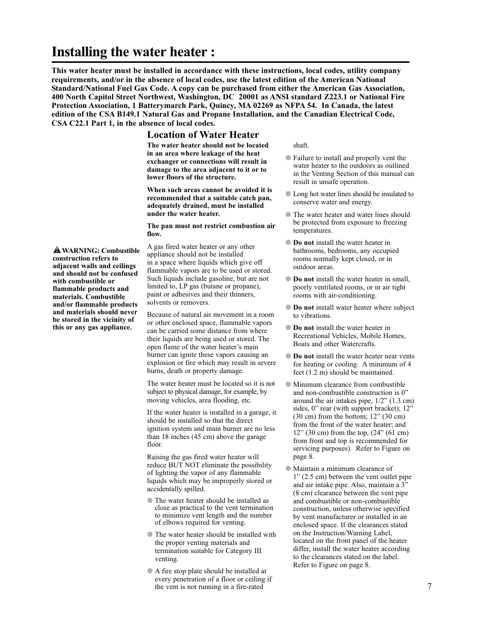 Installing the water heater, Location of water heater | Rheem AP13945-2 User Manual | Page 7 / 36