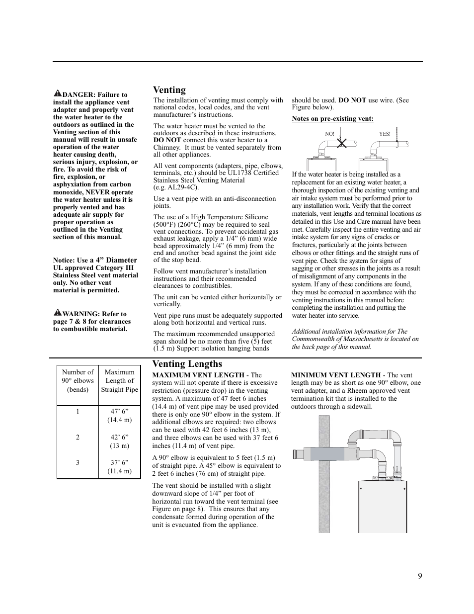 Venting, Venting lengths | Rheem AP13945-2 User Manual | Page 9 / 36