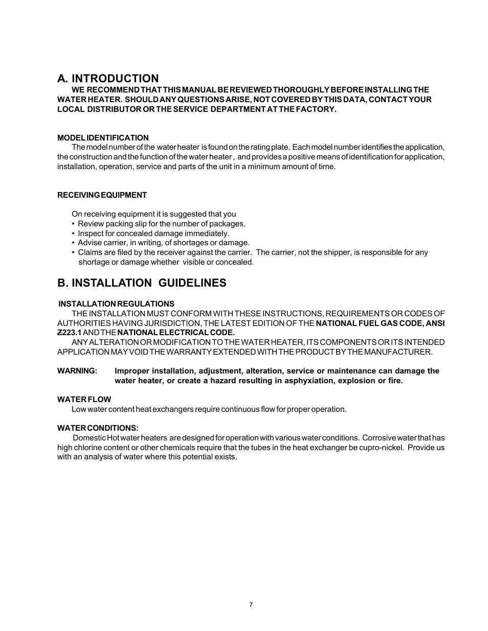 A. introduction, B. installation guidelines | Rheem 136-1826 User Manual | Page 7 / 55