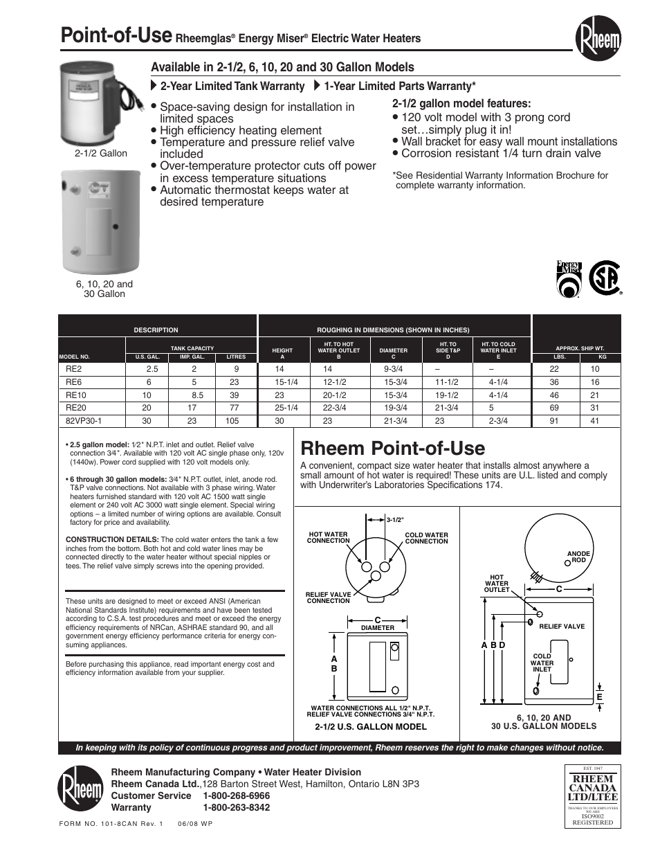 Rheem 82VP30 User Manual | 1 page