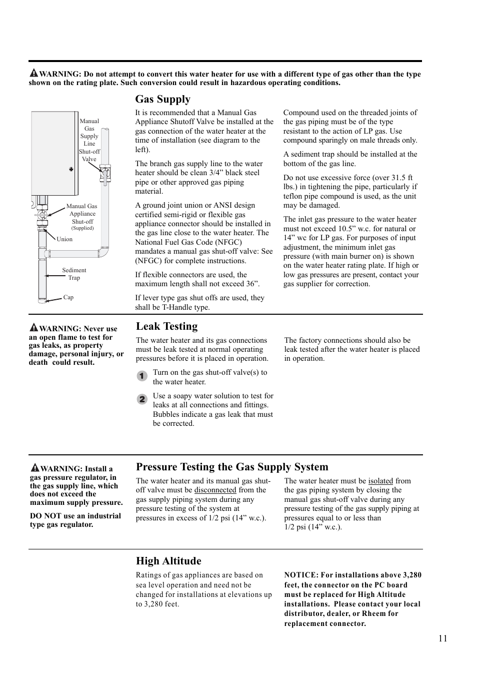 Leak testing, High altitude, Pressure testing the gas supply system | Gas supply | Rheem AP13592 User Manual | Page 11 / 28