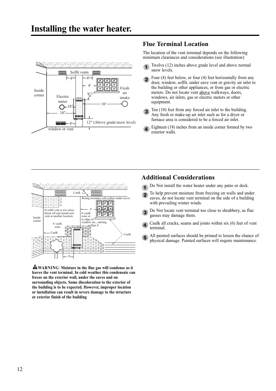 Installing the water heater, Flue terminal location, Additional considerations | Rheem AP13592 User Manual | Page 12 / 28