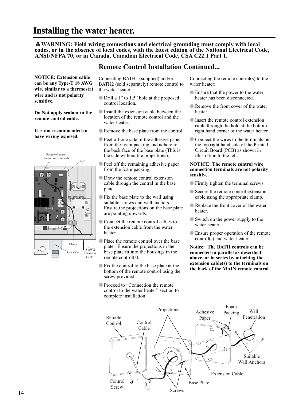 Installing the water heater, Remote control installation continued | Rheem AP13592 User Manual | Page 14 / 28